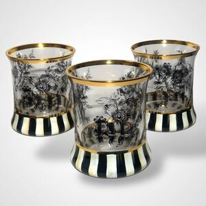 MacKenzie-Childs Courtly Garden Tumbler Set of 3 Glasses Black White Gold Lustre